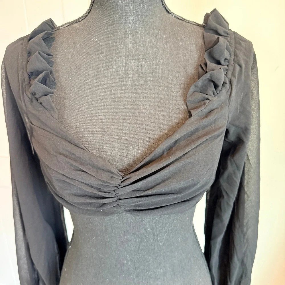 House of CB Giuliana Black Ruched Crop Top Sheer Long Sleeve Blouse Size L